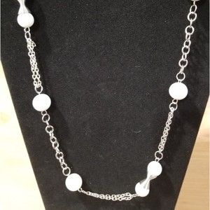 NWT Paparazzi Silver with White Beads Retro Long Necklace and Earring Set